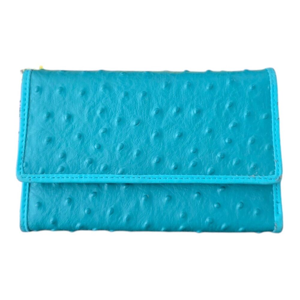 Genuine Leather Italian Wallet Turquoise Ostrich Embossed Clutch